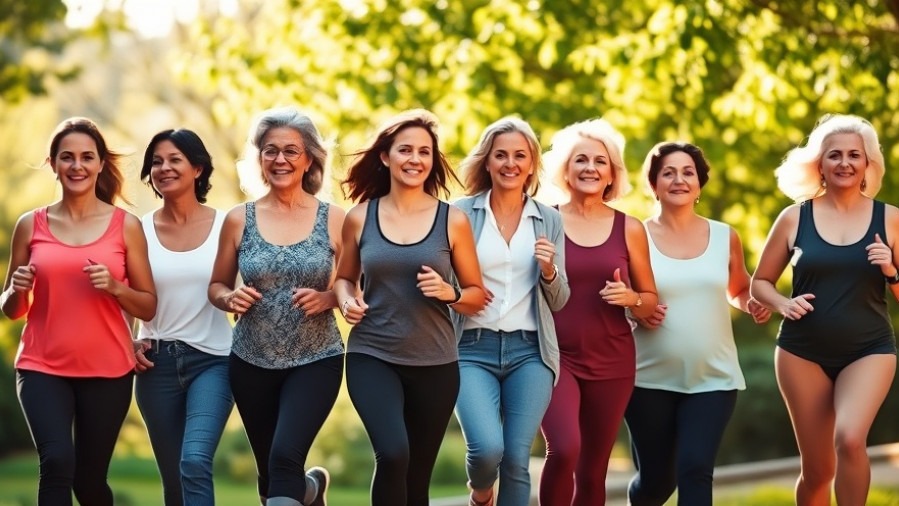 Group of women of all ages walking in a park, embodying women's health fitness.