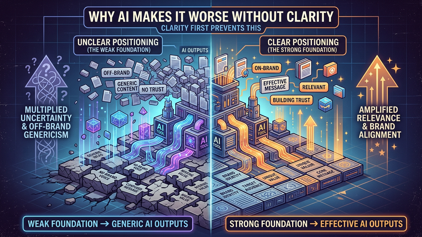 Split-screen infographic comparing the impact of AI on unclear versus clear brand positioning. The left side shows a weak foundation with fragmented messaging, generic content, off-brand outputs, and low trust, illustrating how AI amplifies confusion when a business lacks clear identity and strategy. The right side depicts a strong foundation built on defined brand identity, audience understanding, core messaging, and unique value, resulting in relevant content, consistent branding, stronger trust, and more effective AI-generated outputs.