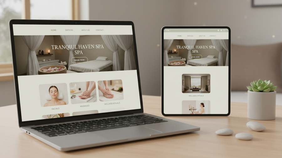 Modern spa website on laptop and tablet showcasing elegant design and clear navigation.