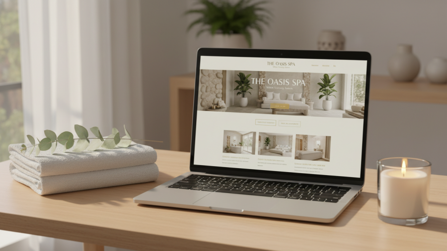 Modern spa website on laptop with calming elements and serene design.