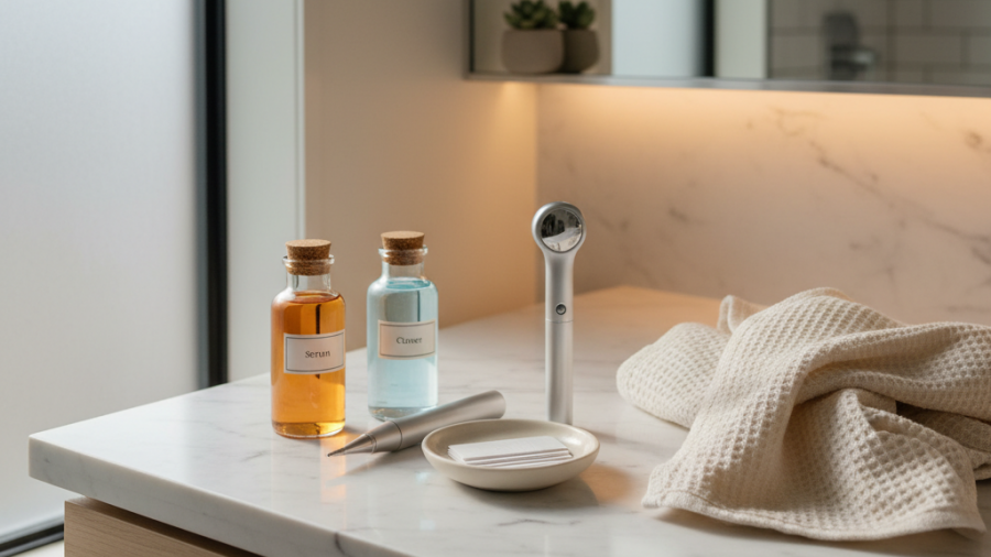 Elegant skin health testing kit in a minimalist bathroom with natural sunlight, promoting skin microbiome education.