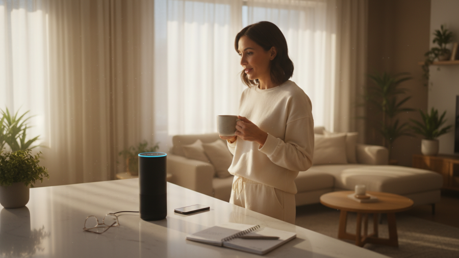 A woman casually speaks to Amazon Alexa in a warm, modern living room, illustrating generative AI in daily life.