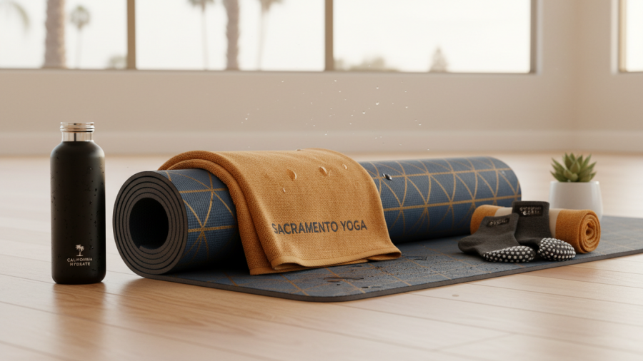 Essentials for Sacramento heated yoga: mat, towel, water, grip socks.