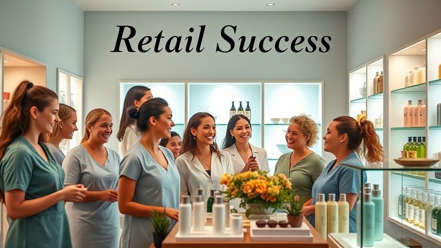 Retail Success scene with diverse spa employees and happy customers amidst luxurious products.