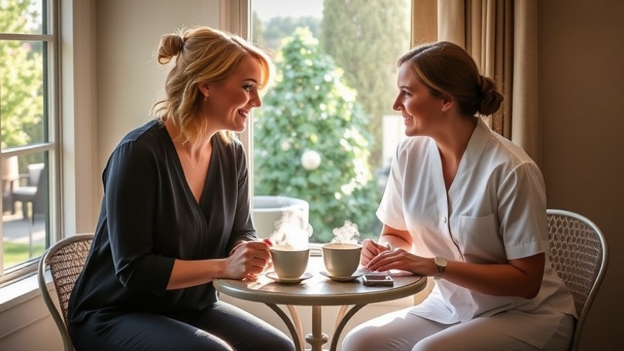 Spa leadership in a warm one-on-one check-in fostering supportive relationships.