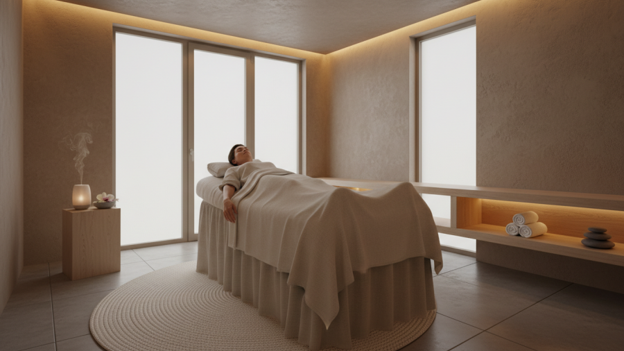 Spa room promoting PEMF therapy for natural healing and relaxation.