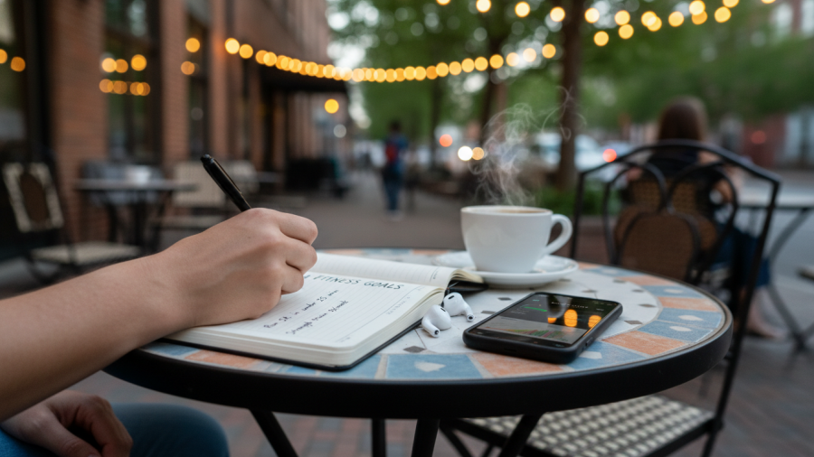Person writing fitness goals at a café, emphasizing workout intensity and exercise consistency.