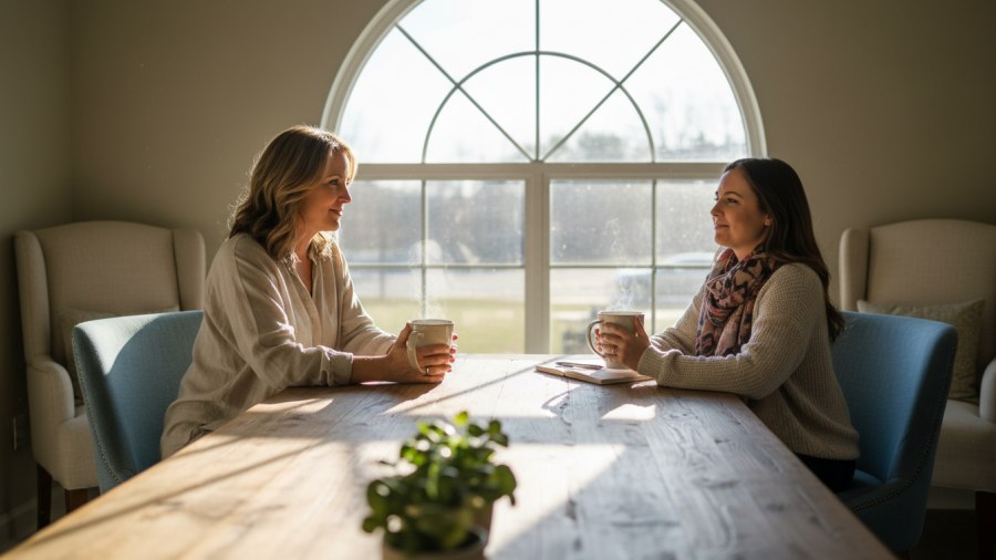 Spa owner and team member sharing a heartfelt conversation in a bright, serene workspace.