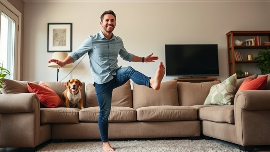 A man performs mobility training on one foot, smiling as his dog watches.