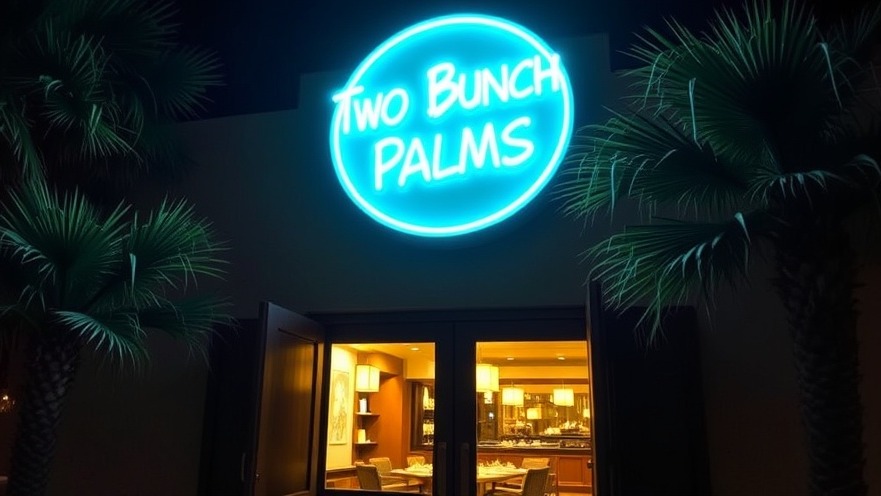 Two Bunch Palms entrance at night with glowing neon sign and inviting atmosphere.