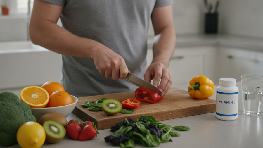 Man preparing oranges, bell peppers, kiwi, strawberries, and leafy greens beside a vitamin C supplement.