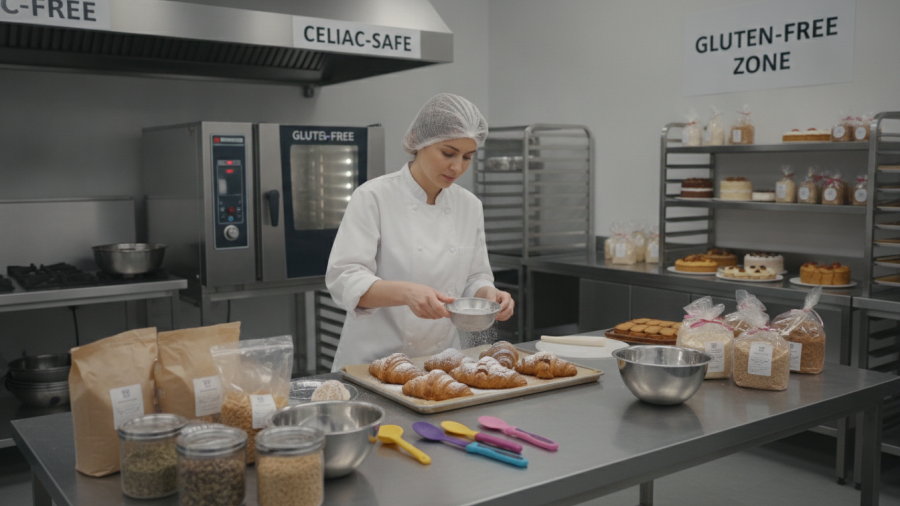 Baker crafting celiac-safe gluten-free pastries in a dedicated gluten-free bakery.