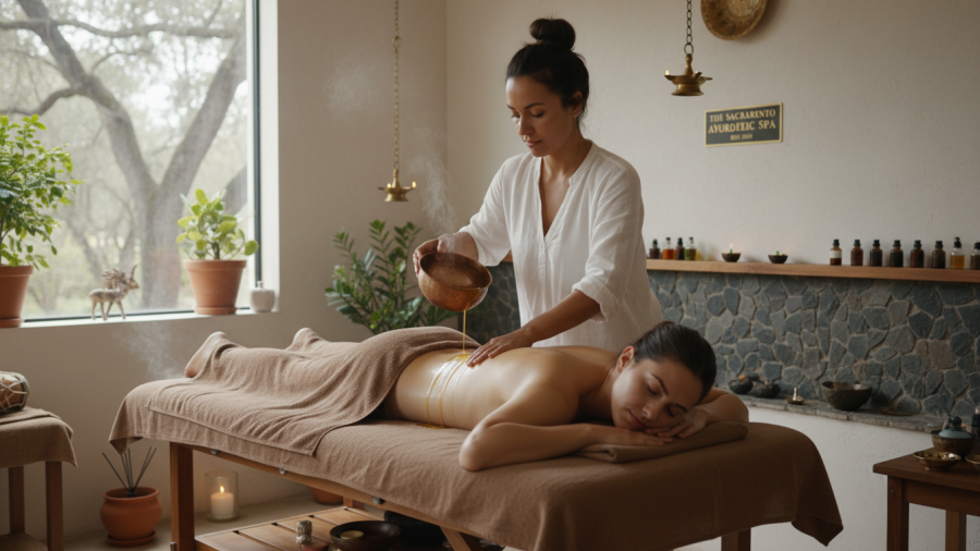 Abhyanga massage by an Ayurvedic practitioner in a serene Sacramento spa.