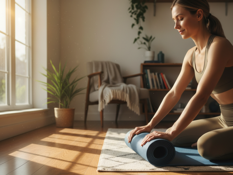 Content individual rolling up a yoga mat post-workout, embodying core strength and injury prevention in Sacramento workouts.
