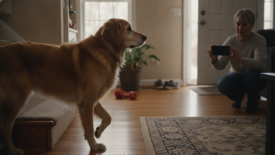 Senior dog shows slight hesitation at stairs, highlighting healthy aging for dogs.