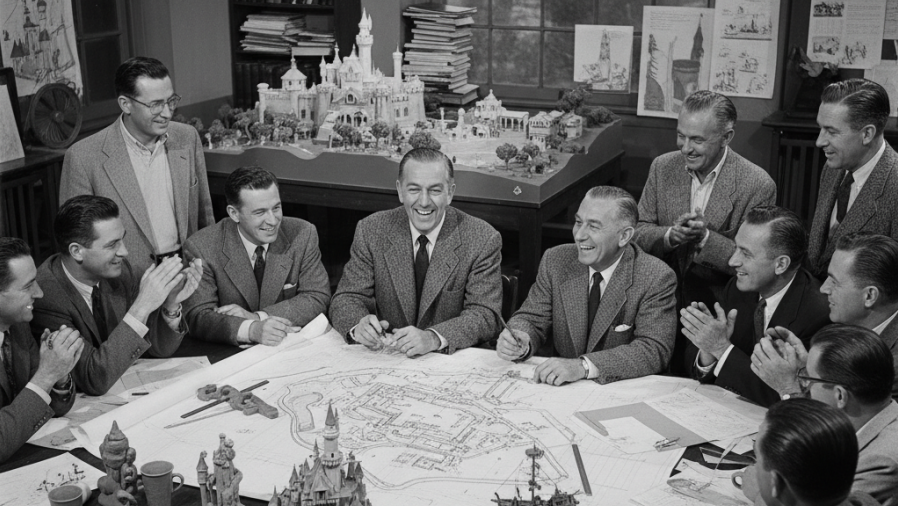 Walt Disney with Imagineers collaborating on Disneyland blueprints, full of energy.