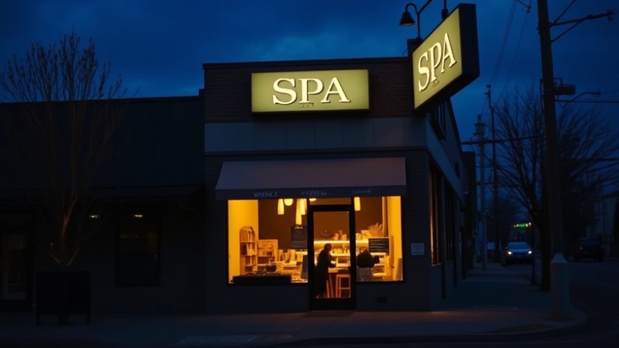 Twilight spa storefront radiating warmth, embodying hope and resilience in the spa industry.