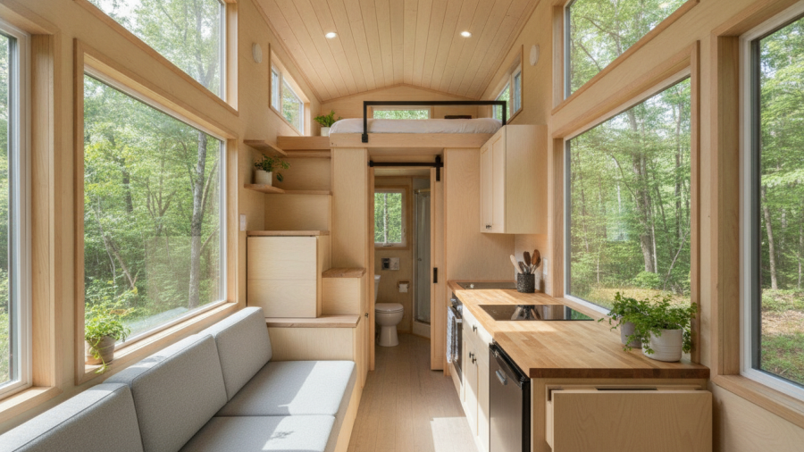 Inside a tiny home showcasing sustainable living ideas with abundant natural light.