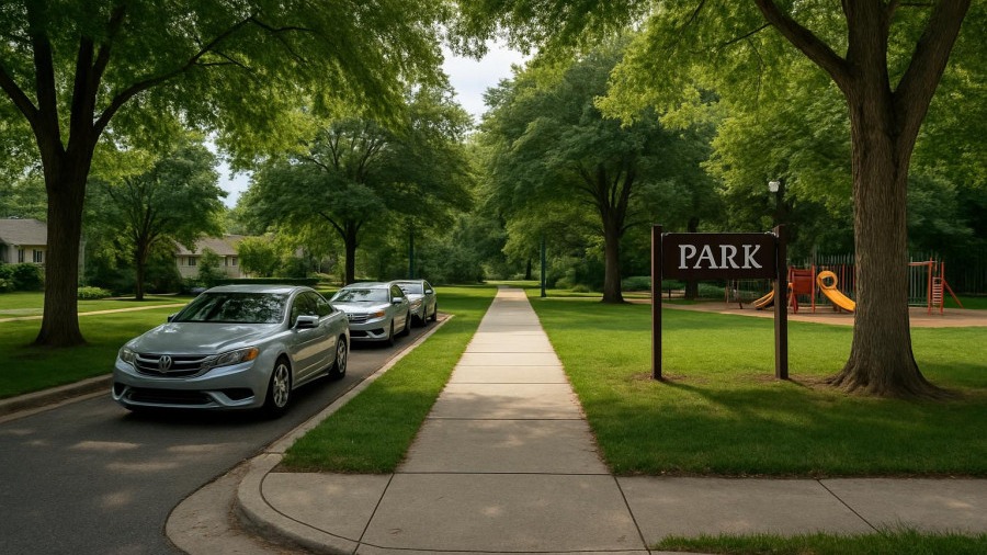 Easy access to Olympus Park Roseville with residential streets and a visible playground entrance.
