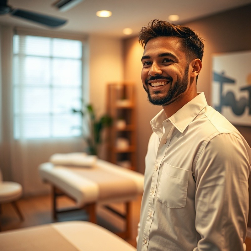 Smiling man in white shirt, standing by a massage table office, in a treatment room, warm lighting, 