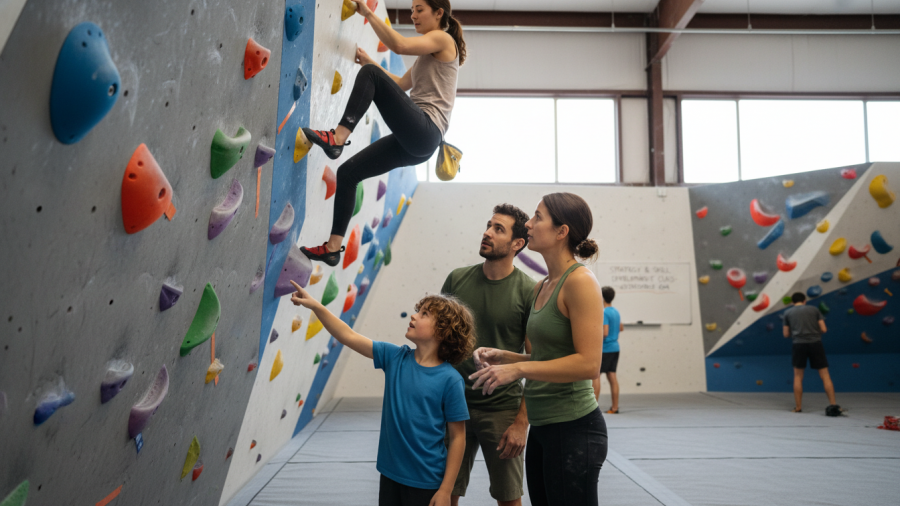 Climbers studying techniques at Sacramento bouldering classes, emphasizing skill development and movement.