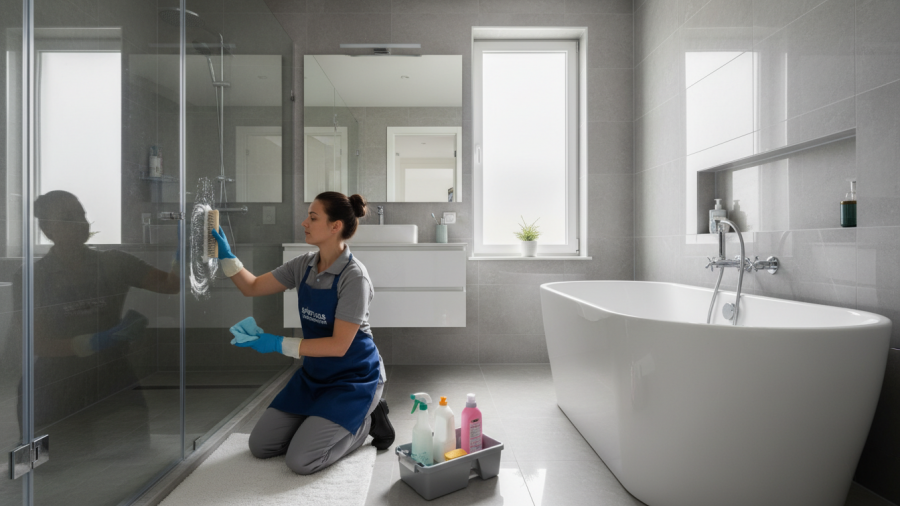 Professional cleaner scrubs bathroom surfaces for a spotless finish.