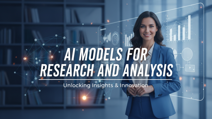 Professional woman smiling in business attire with AI models text, showcasing insights for wellness industry.