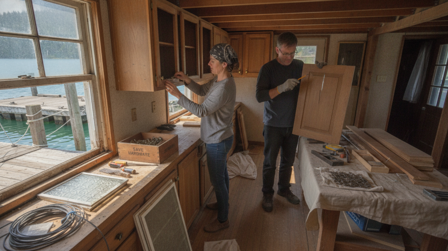 Repairing wood cabinetry in a floating home, showcasing sustainable living through reuse.