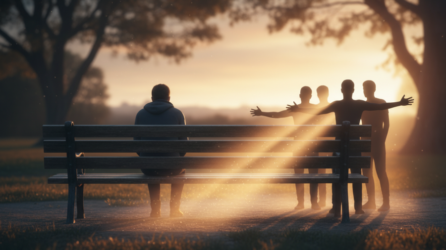 A figure alone on a bench, guided by light towards a welcoming community, symbolizing wellness industry support.