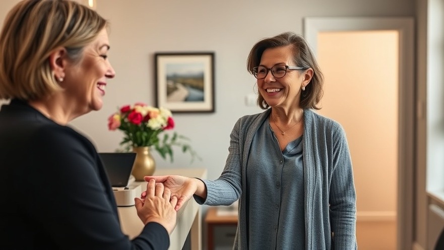 Hypnotherapist warmly greets client in Sacramento office, fostering trust and care.