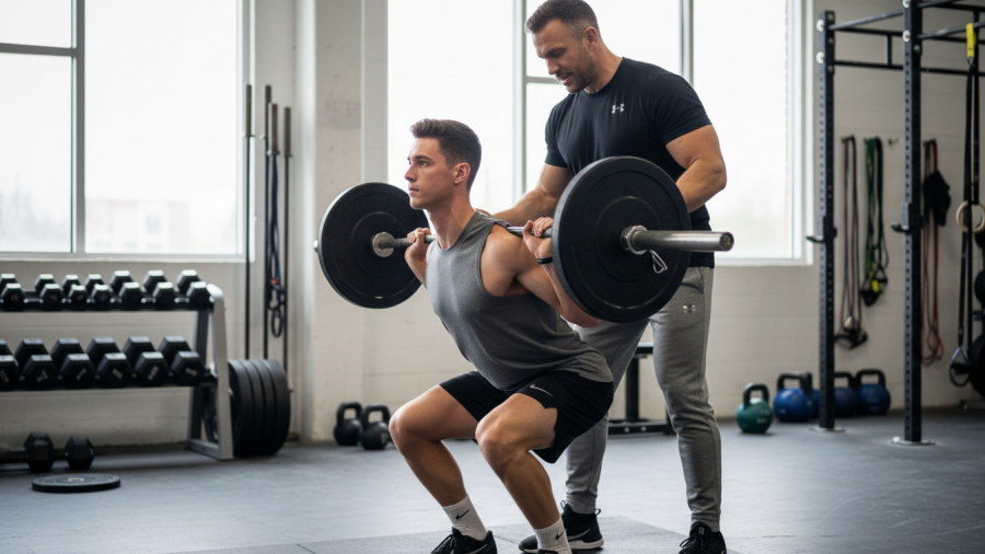 Male coach guiding athlete's form in a realistic training facility.