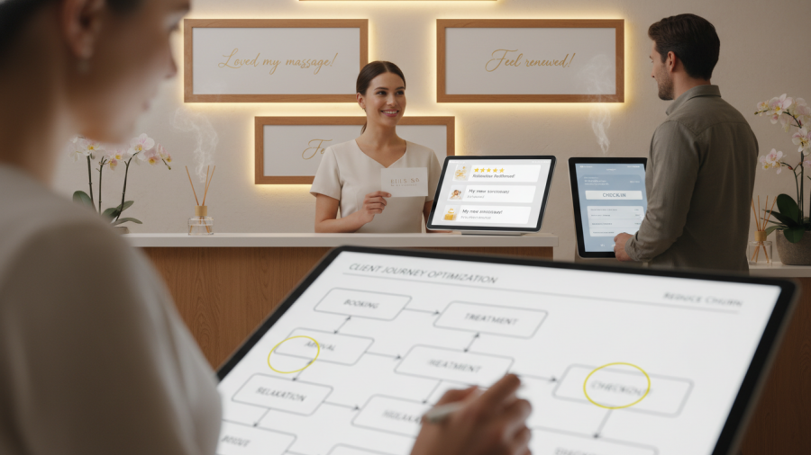 Spa reception area highlighting guest check-in and brand touchpoints.