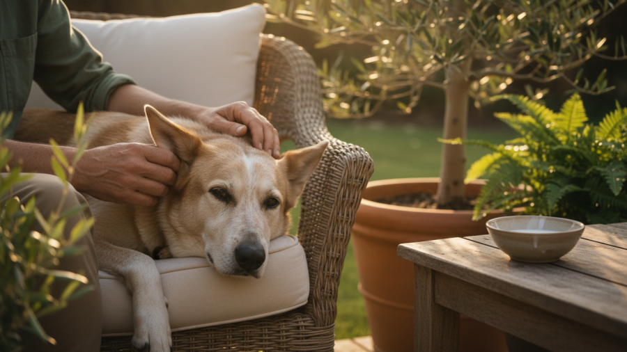 A shepherd mix relaxes on its owner's lap, showcasing dog anxiety relief through natural calming solutions.