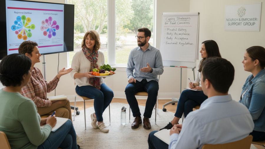 Supportive group session with dietitian and therapist addressing food concerns.