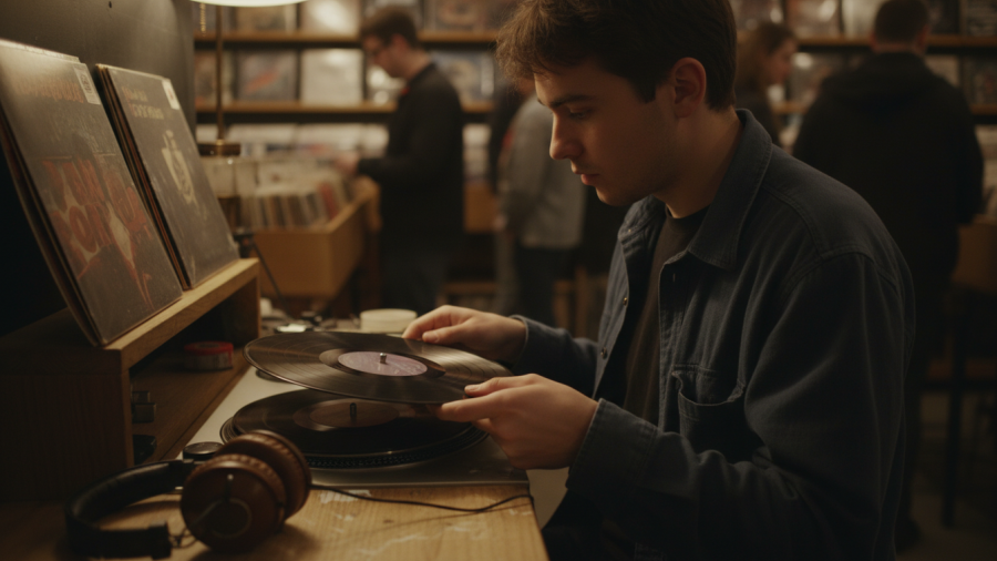 A young listener focused on a vinyl record at a Sacramento record store, embracing the vinyl revival.