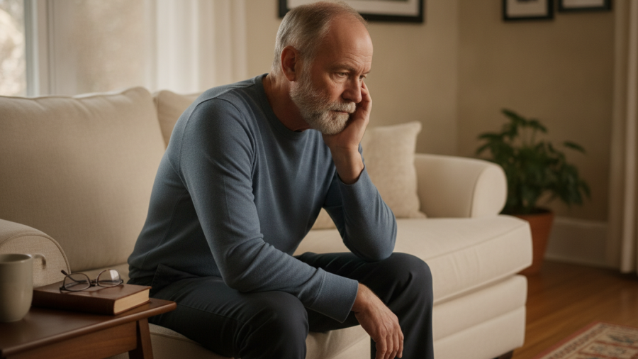 Thoughtful older man practicing acceptance in mindfulness in a softly lit living room.