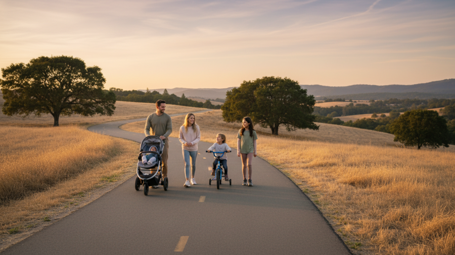 Family enjoying the scenic Johnny Cash Trail Folsom on a peaceful evening walk.