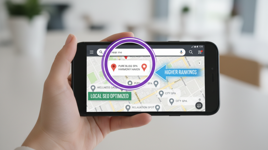 Smartphone displaying spa locations on Google Maps, showcasing local SEO for spas.