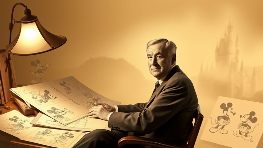 Walt Disney at his drawing desk with Mickey Mouse sketches in sepia tones.