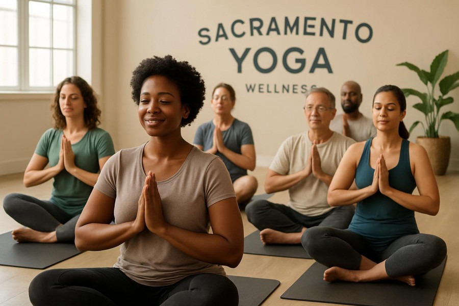 Community group practicing relaxation techniques in Sacramento yoga wellness class.