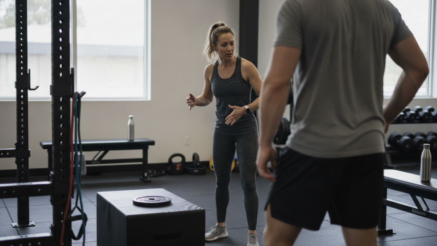 Therapist coaches athlete on stance adjustments during performance therapy session.
