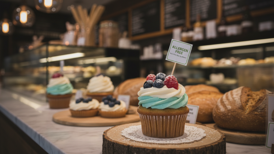 Vegan allergy safe cupcake with allergen-free tag on bakery counter.