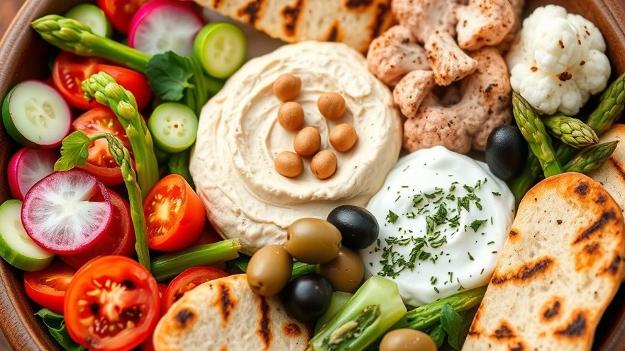 Farm-to-table plate featuring fresh vegetables, spreads, and charred flatbread.