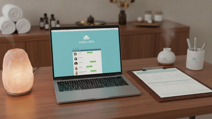 Organized spa communication desk with a laptop and Himalayan salt lamp glowing.