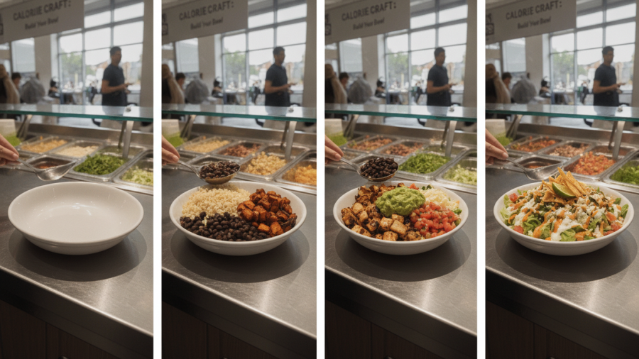 Realistic build your own bowls showing hidden calories in overloaded portions.