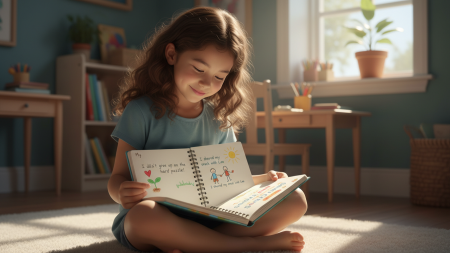 Child practicing gratitude activities to build emotional resilience and self-awareness.