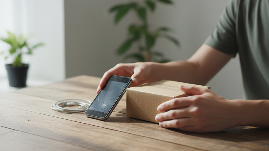 Preparing an old iPhone for responsible recycling in a serene, clean setting.