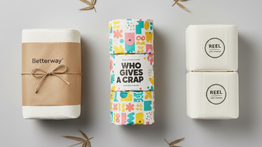 Eco-friendly toilet paper flat-lay featuring Who Gives A Crap, Betterway, and Reel brands.