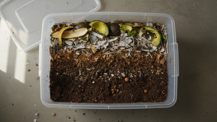 Worm bin interior showing red wigglers transforming scraps into nutrient-rich compost.