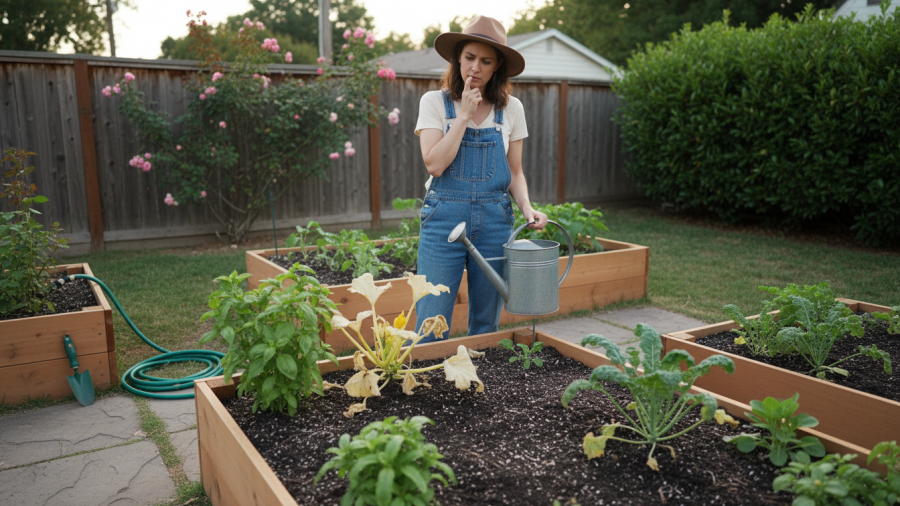 Frustrated gardener unsure why plants are dying in Sacramento; signs of soil compaction and stress.